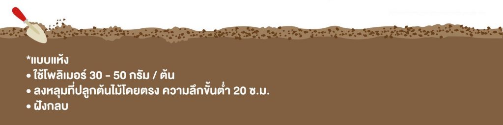 ขุดหลุม ขนาดพอเหมาะ ความลึกเพียงพอในการฝังกลบ ใส่ โพลิเมอร์ที่แช่น้ำแล้ว 1- 5 ลิตรต่อหลุมฝังกลบให้มิด ไม่ให้แสงแดดโดนสารโพลิเมอร์เนื่องจาก รังษียูวีจากแสงอาทิตย์ทำให้ โพลิเมอร์เสื่อมเร็วขึ้น